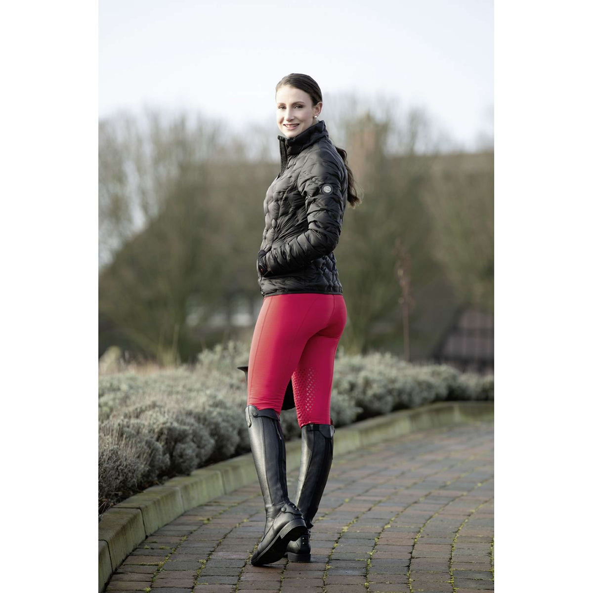 HKM Reitleggings Wien Knie Grip Dunkelblau/Neon Koralle