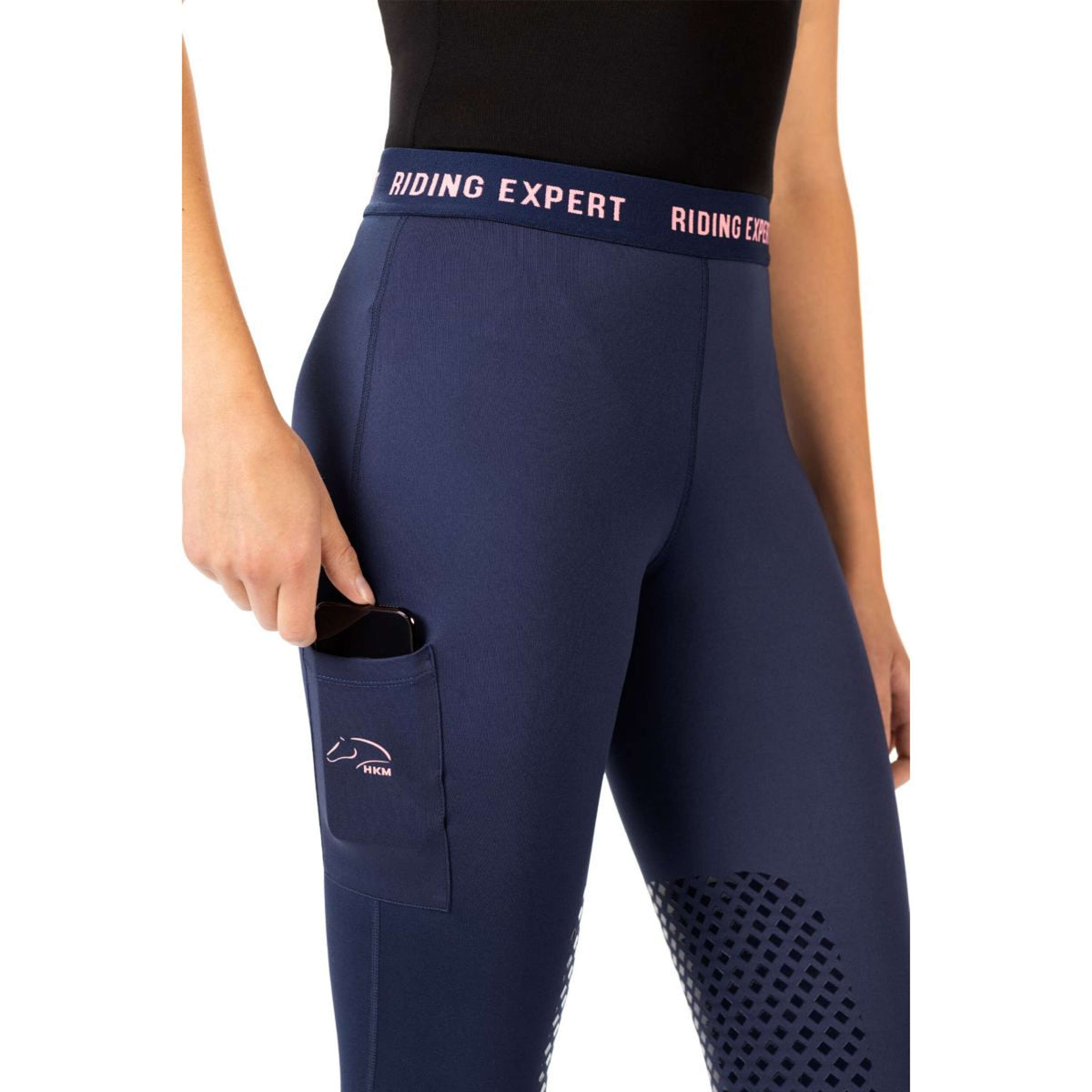 HKM Reitleggings Wien Knie Grip Dunkelblau/Neon Koralle