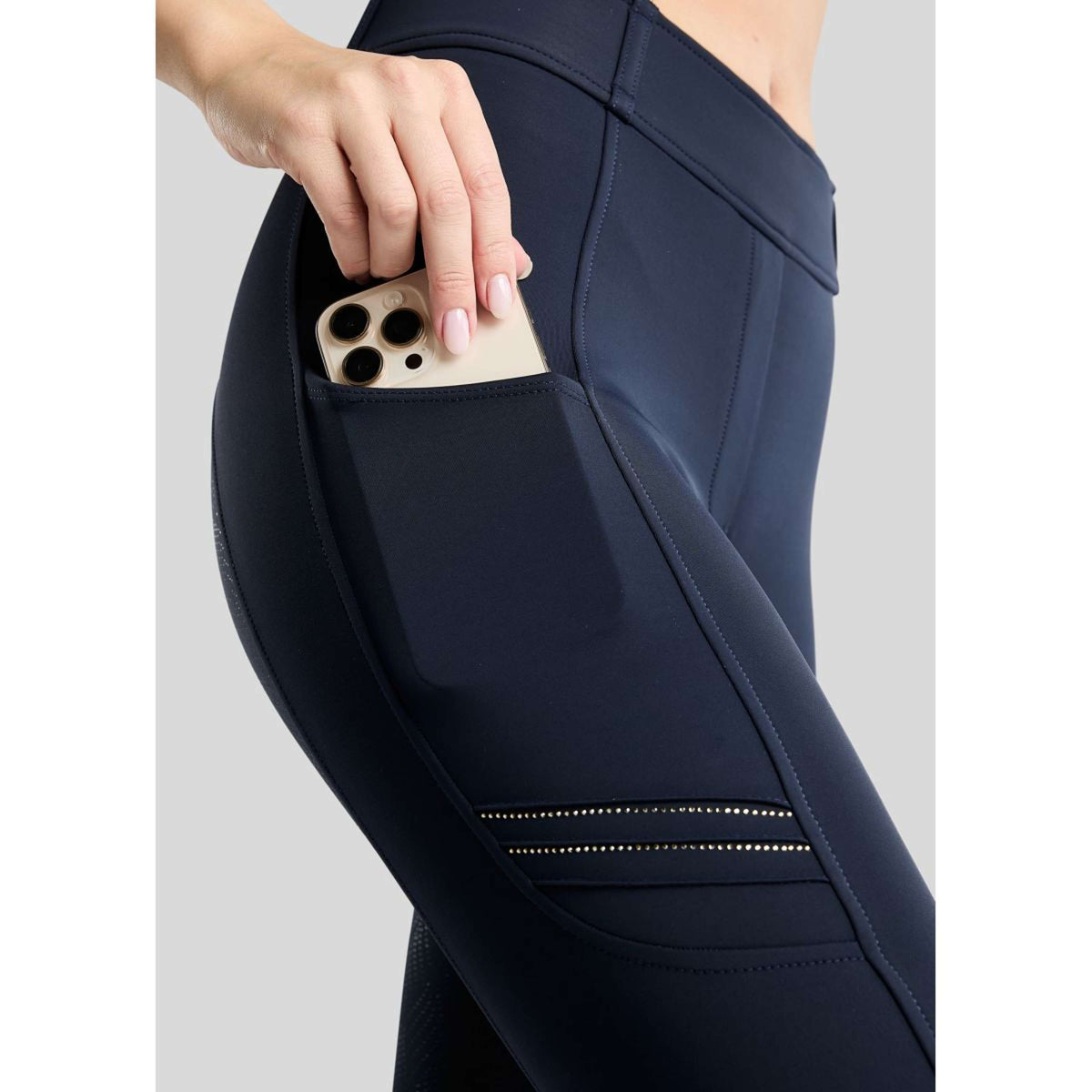 Montar Reitleggings MoWilma Hybrid Pintucks Golden Quartz Crystals Full Grip Navy