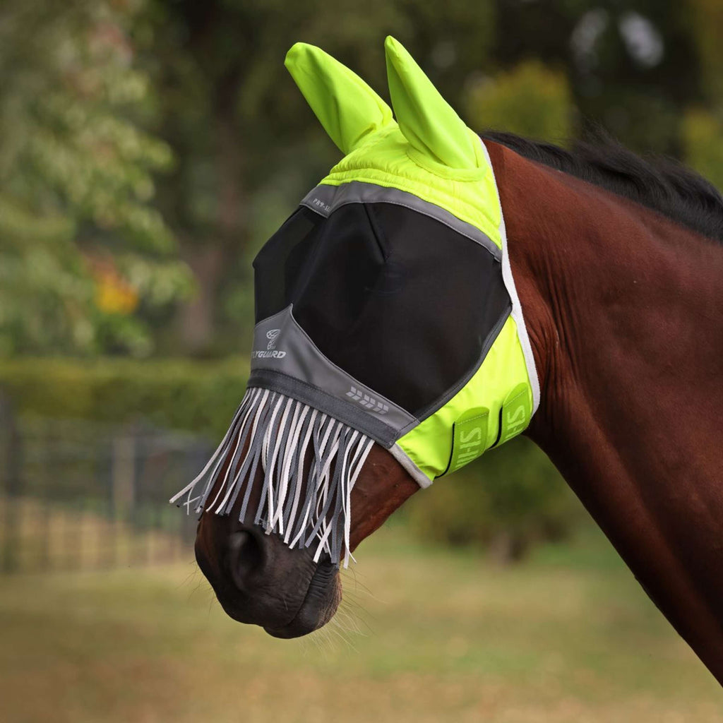 FlyGuard by Shires Fliegenmaske Pro Hi-Viz Fine Mesh mit Ohren und Fransen Fluo gelb